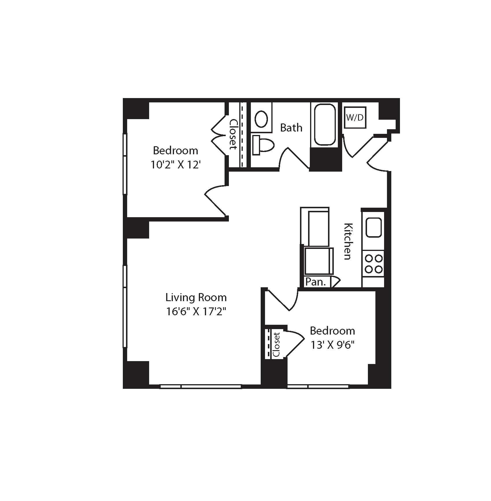 Floor plan for 2 beds, 1 bath, 891 sqft